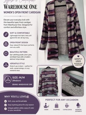 Warehouse One Purple Gray and Black Striped Open Front Cardigan